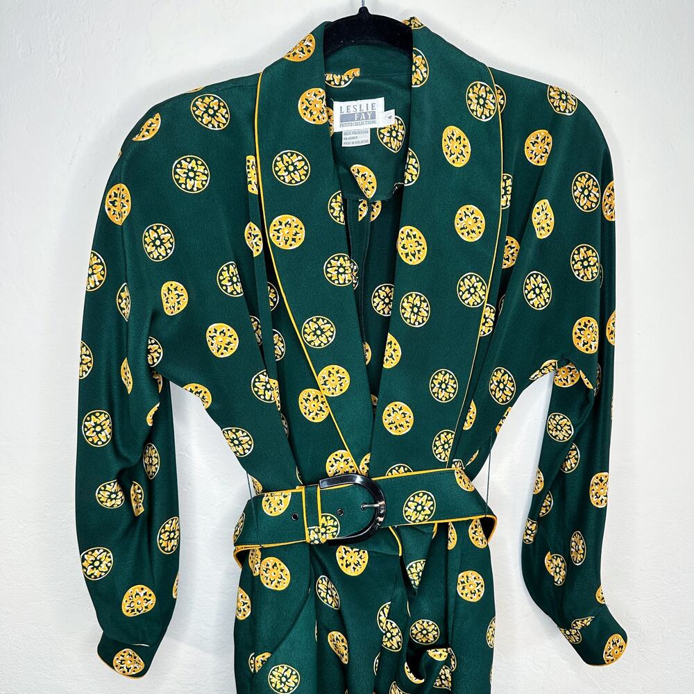 Vintage Leslie Fay Long Sleeve Printed Belted Faux Wrap Midi Dress 4 Petite - Picture 3 of 16